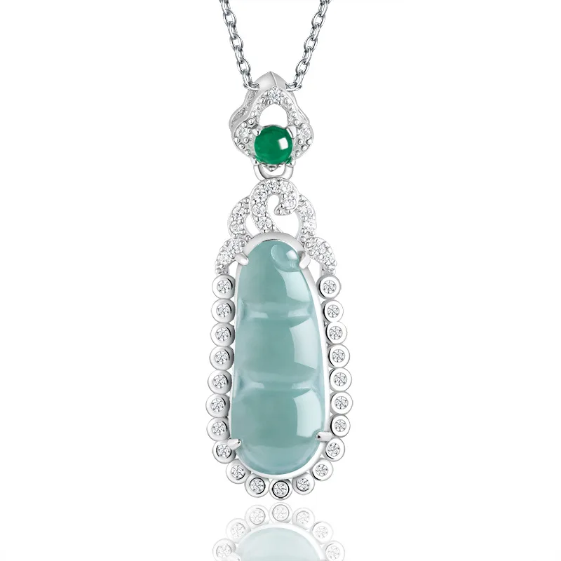 

Premium Jadeite Four Seasons Bean Pendant Blue Water S925 Silver Icy Crystal Women Lucky Charm