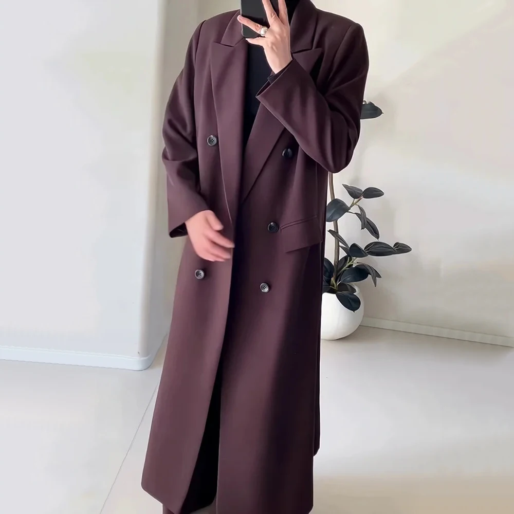 TWOTWINSTYLE Spliced Pocket Loose Burgundy Trench For Women Notched Collar Long Sleeve Patchwork Button Windbreaker Female New