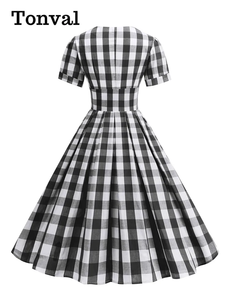 Tonval White and Black Plaid V-Neck Buttons High Waist Rockabilly Dresses for Women Elegant Gingham Pleated Vintage Dress