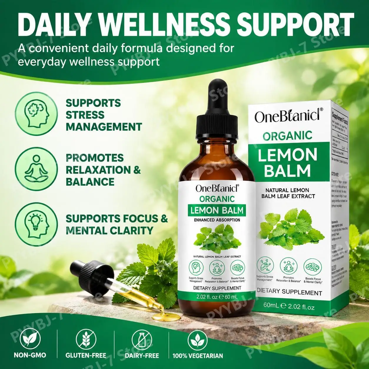 Organic Lemon Balm Drops Stress Relief with 590 Mg Lemon Balm Leaf Extract E Promotes Relaxation Calm Mood Mental Focus 60 ML