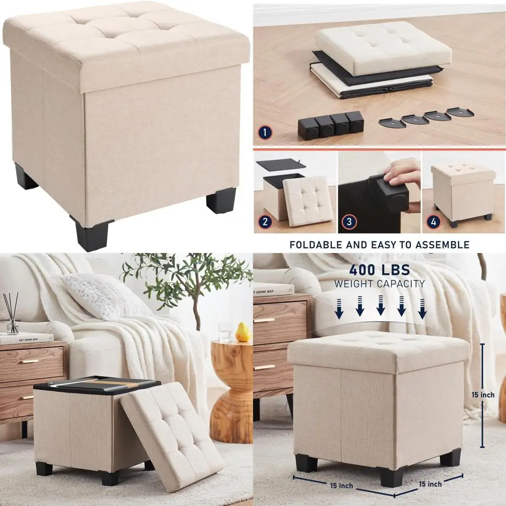 

15 Inch Foldable Storage Ottoman with Square Linen Design, Compact Cube Storage and Foot Rest Stool