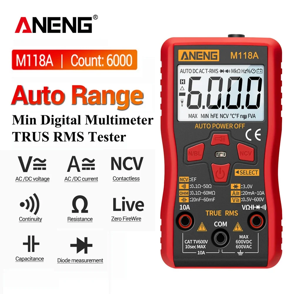 ANENG M118A Mini multimetro digitale Tester Auto Mmultimetro True Rms Tranistor Meter con NCV Data Hold 6000 conteggi torcia