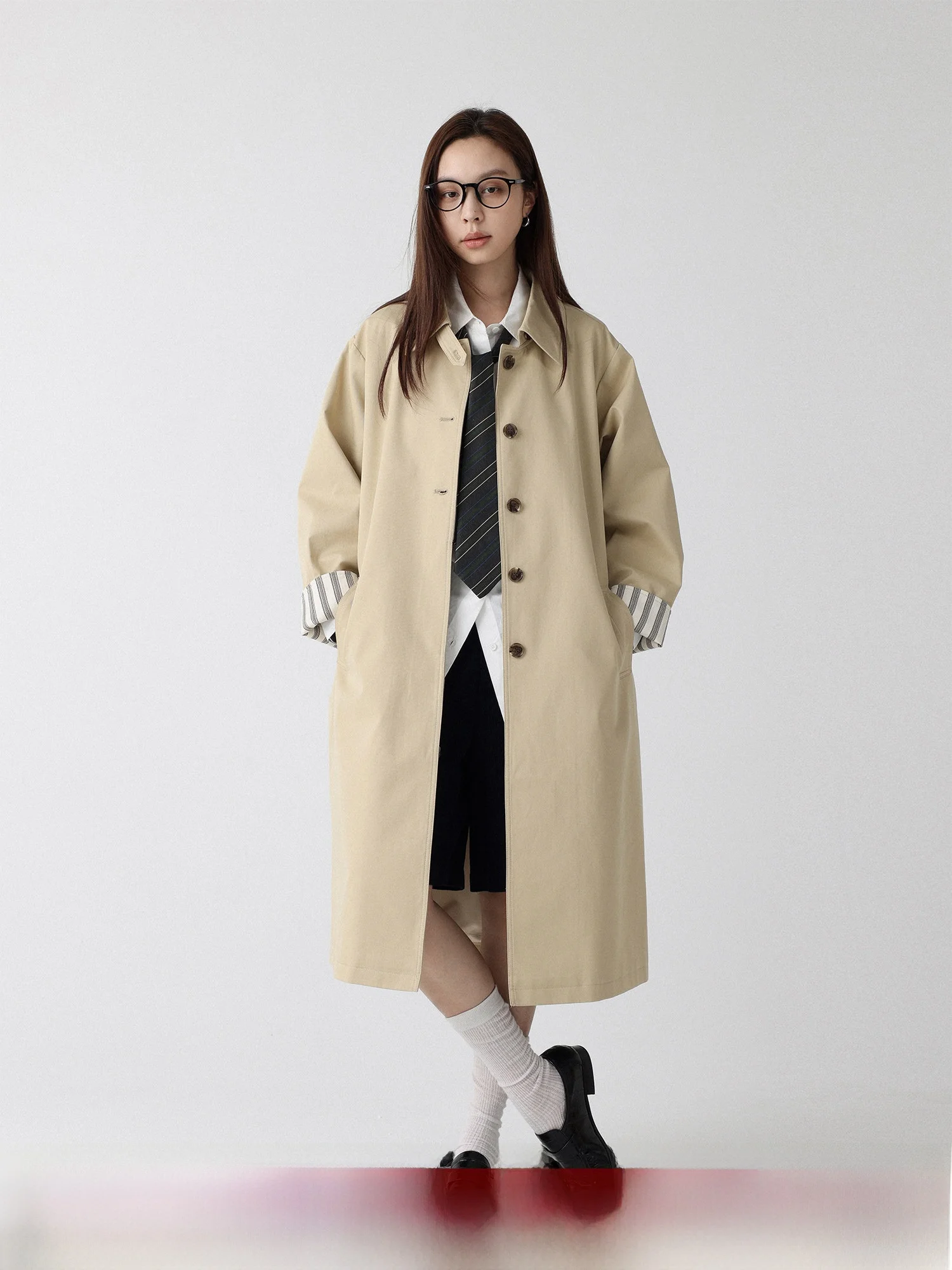 

LowCalorie 'Slou' Long Loose Fit Collar Windbreaker Sve Cuff Stripe Splicing Design Faionable Autumn Coat