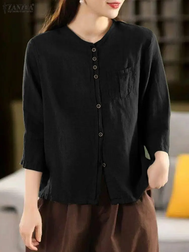 ZANZEA Vintage Koszule Damskie z Bawełny i Lnu Casualowe z Okrągłym Dekoltem, Długim Rękawem, Zapinane na Guziki, Jednolite Kolory, Wiosna 2026, Odzież Damska S-3XL