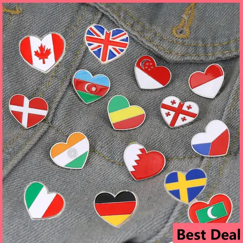 Newest Heart Flag Pins Germany Italy Canada Sweden Germany Georgia United States India Czech Republic Denmark Enamel Brooch Gift