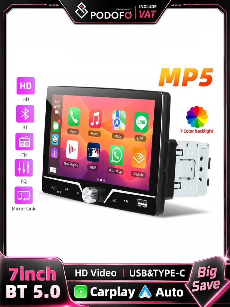 Podofo 7 Zoll 1 Din Autoradio MP5-Player Kabelgebundenes Carplay Android Auto Mirror Link Lenkradsteuerung FM-Radio EQ USB Typ-C BT Autoradio Multimedia-Player Unterstützt Rückfahrkamera
