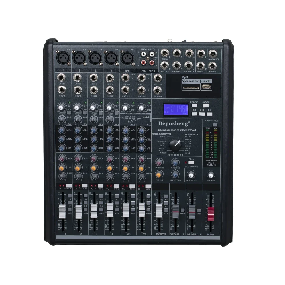 Depusheng EG822SD mixer audio Digital, mixer audio Digital DJ 8 saluran multifungsi 48V Phantonpower Supply