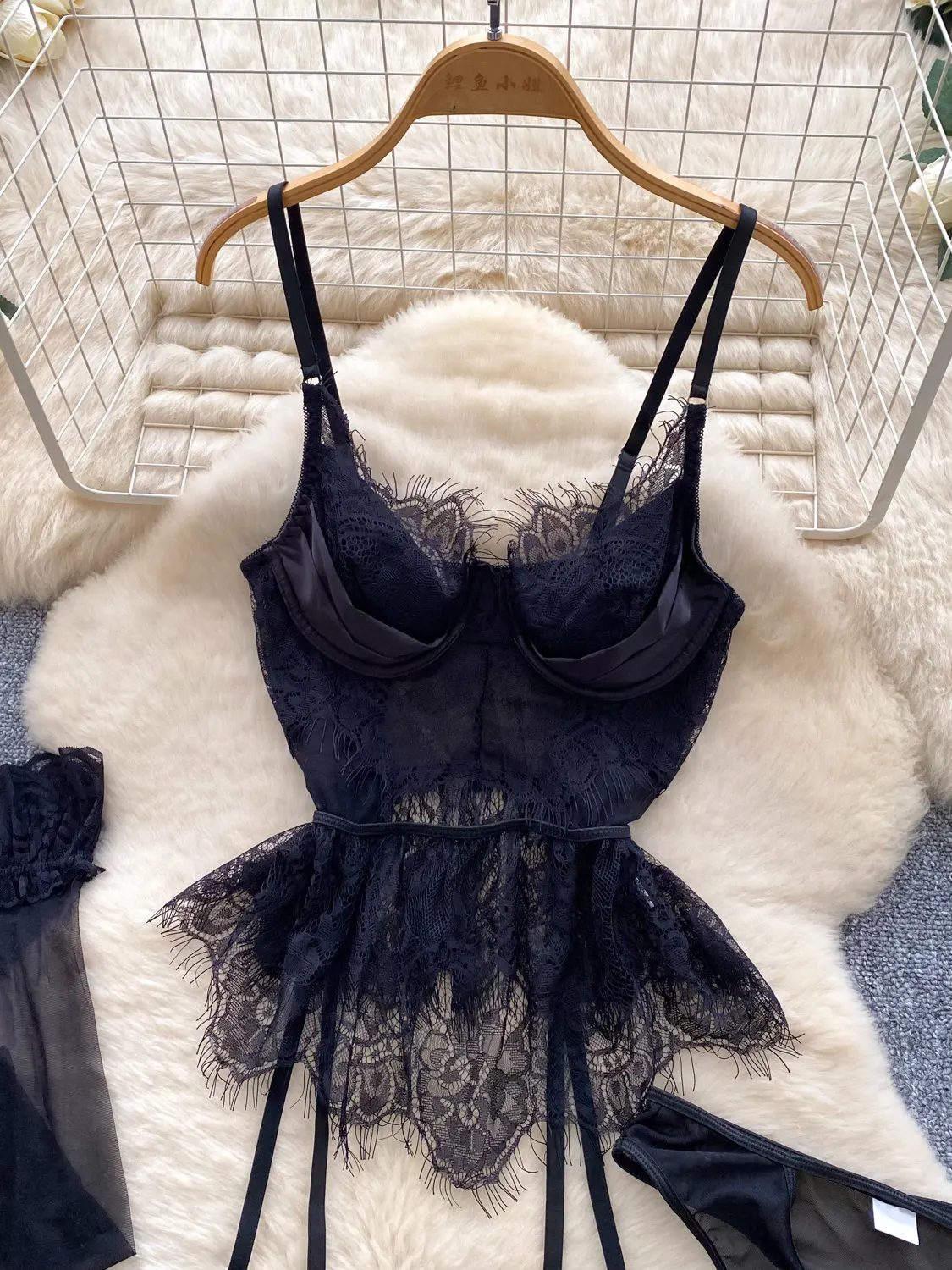 Women Black Sexy Lace Cami Top Stockings & Thigh High Socks 3-Piece Set Off Shoulder Erotic Sissy Tank Top Suit for Women Summer