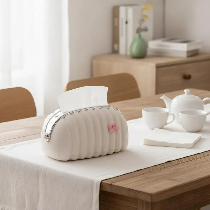 Cream Shell Shaped Tissue Box Cute Pink Bow Decor Textured Surface 1Pcs for Bedroom Living Room Bathroom Home Decoration