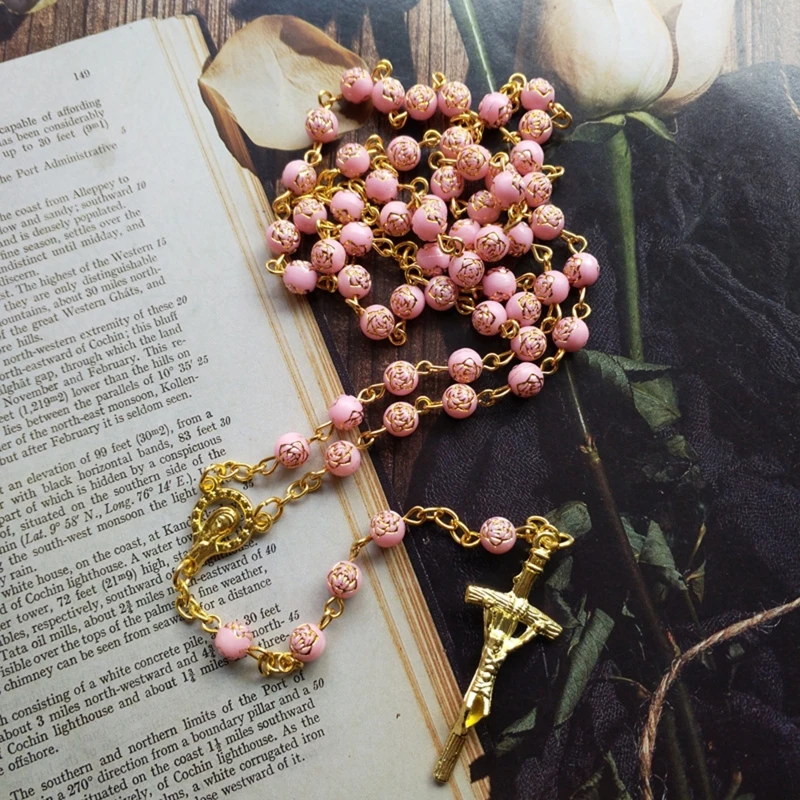 6mm Rose Beads Rosary Necklace with Jesus Crucifix for Cross Pendant Necklaces Catholic Prayer Gifts for Men Women Dropship