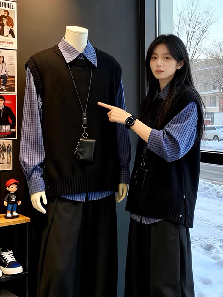 

Корейский мужской вязаный жилет с V-образным вырезом, весенне-осенний, нейтральный, в университетском стиле, базовая майка-топ