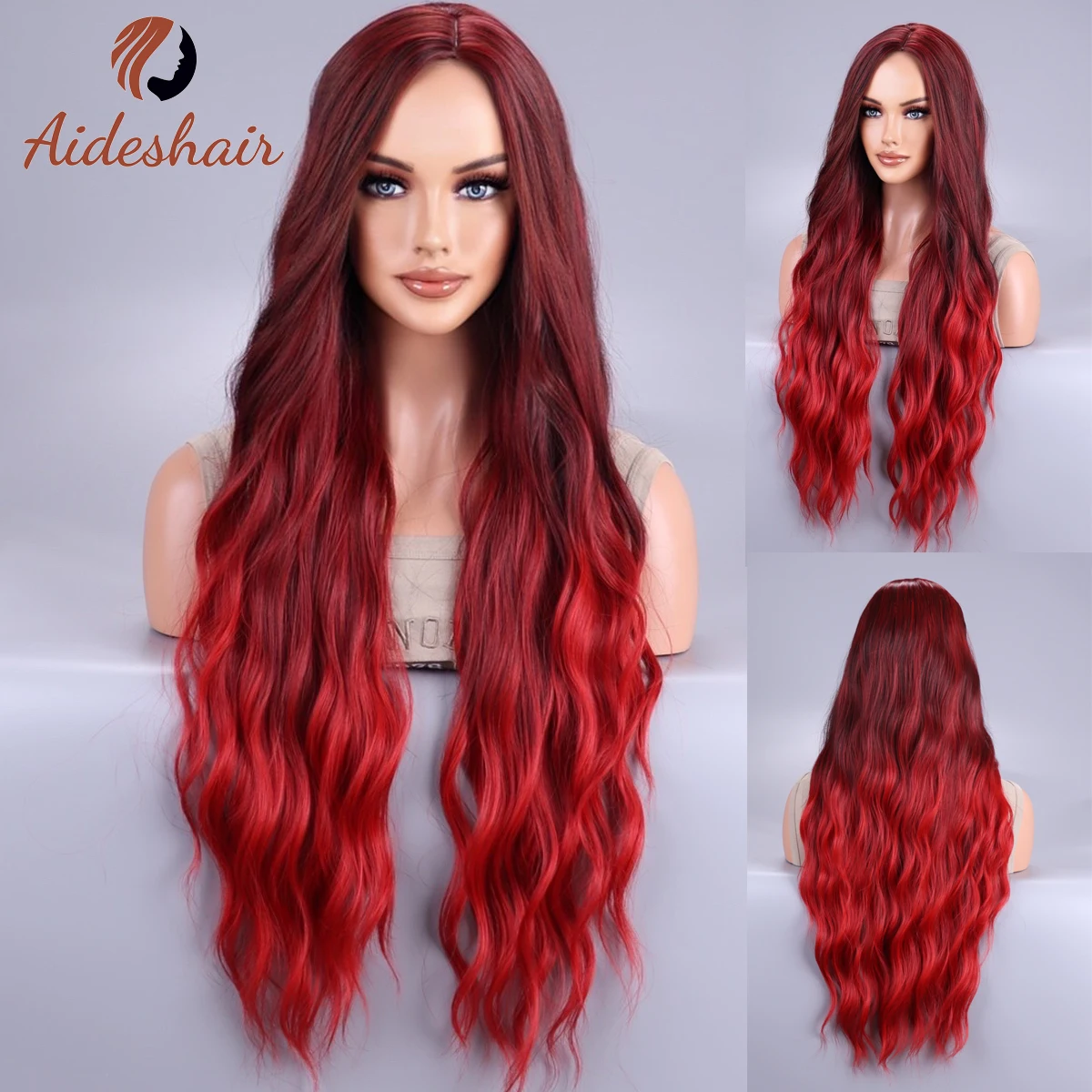 Aideshair wine red medium parting long curly hair synthetic wig natural lifelike highlights wig synthetic wig daily  use