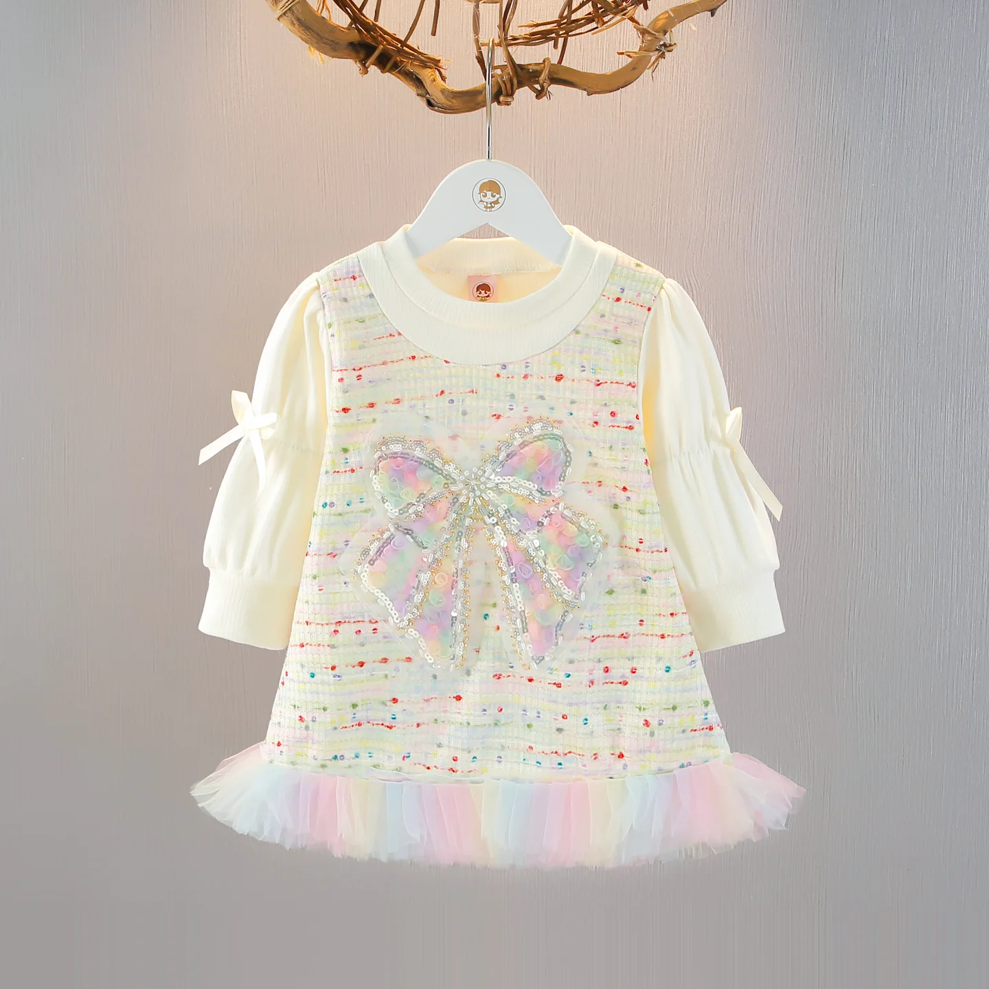 

Toddler Kids Girl Dress 2025 Autumn Knited Butterfly Bow Contrast Color Infant Baby Girls Princess Dress Mesh Newborn Girl Dress