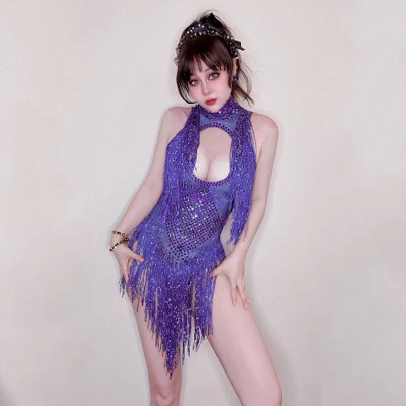 Gogo Dance Costume Rhinestones Full Fringed Bodysuit Sexy Stretch Pole Dance Outfit Birthday Celebrate Stage outfit