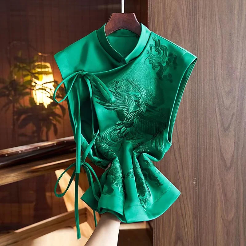 2024 Spring Summer Retro Heavy White Stork Embroidery Green Lace Chinese Vest Jacket Chinese Style Waistcoats Outerwear Female