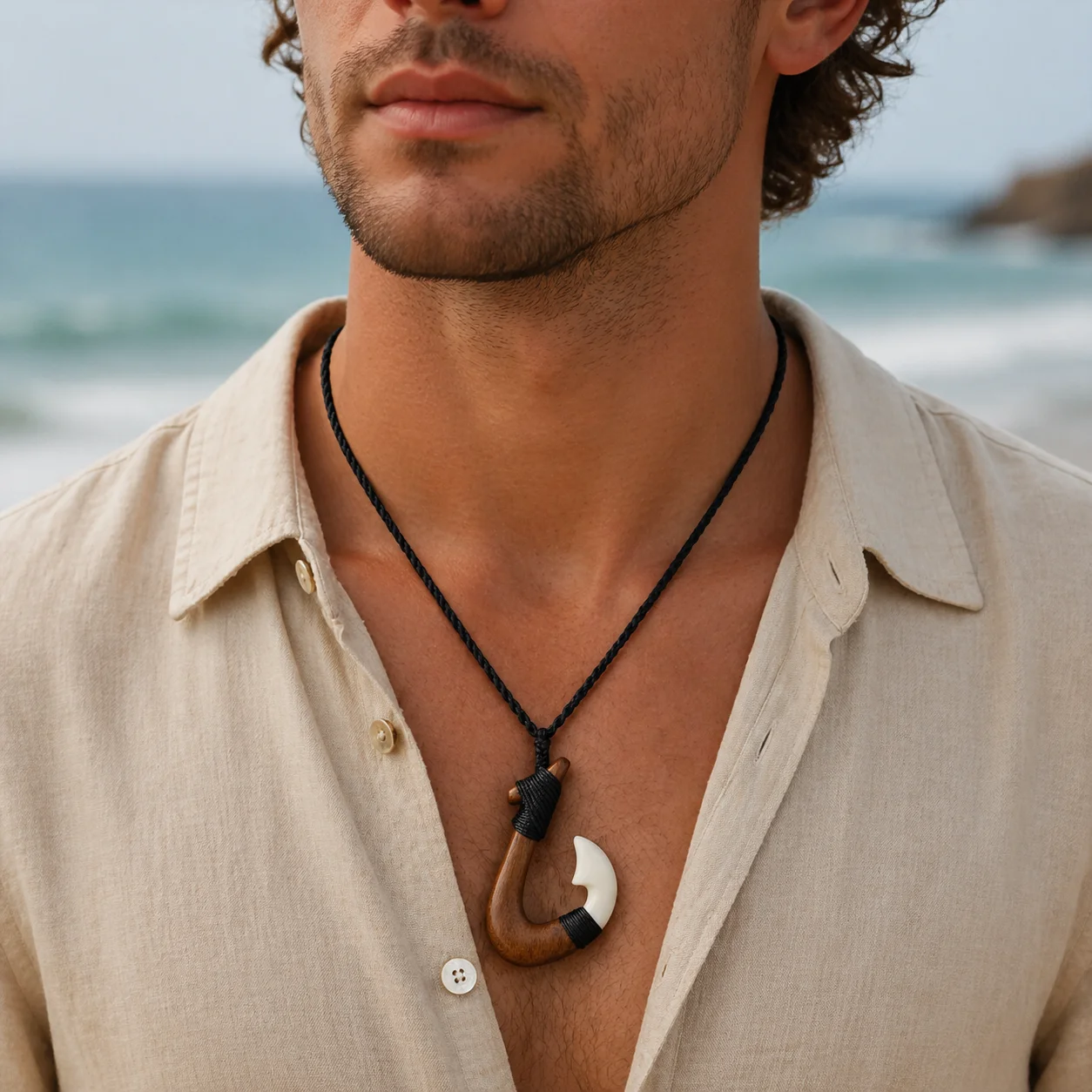 GX060 New Zealand Maori pendant Primitive tribes jewelry Handmade Carved wood fish Hook necklace yak bone necklaces for surfing