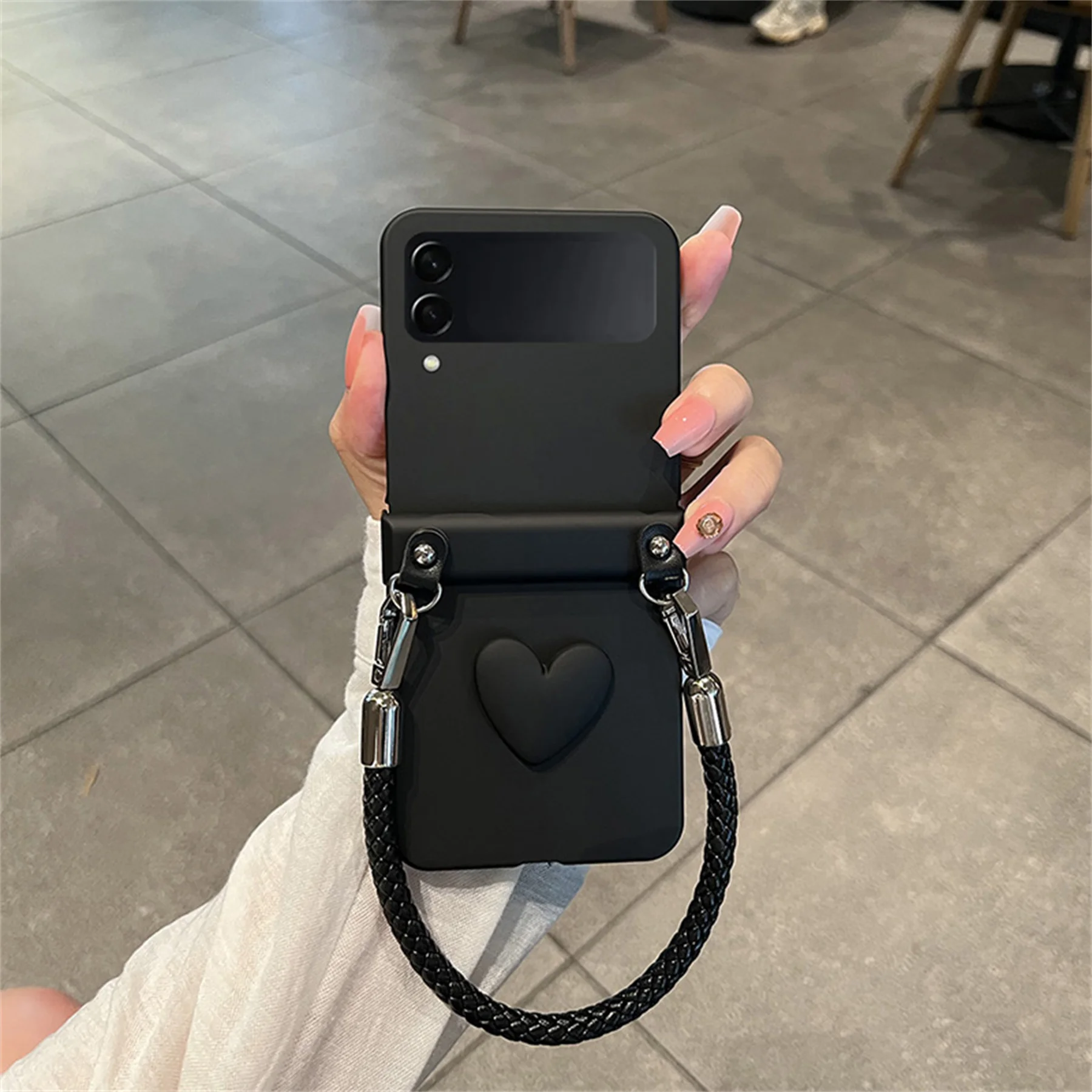 Luxury Korean Cute Weave Bracelet 3D Love Heart Hinge Matte Skin Shockproof Black Case Cover For Galaxy Z Flip 6 5 4 3 Flip6 5G