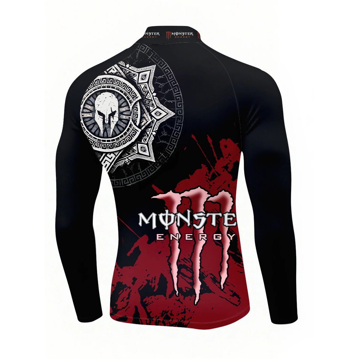 تي شيرت Monster Energy Dark Style بحبر سبلاش أحمر وزخرفة فضية من الدرع الروماني القديم المحارب الرياضي واللياقة البدنية بنصف رقبة عالية #3