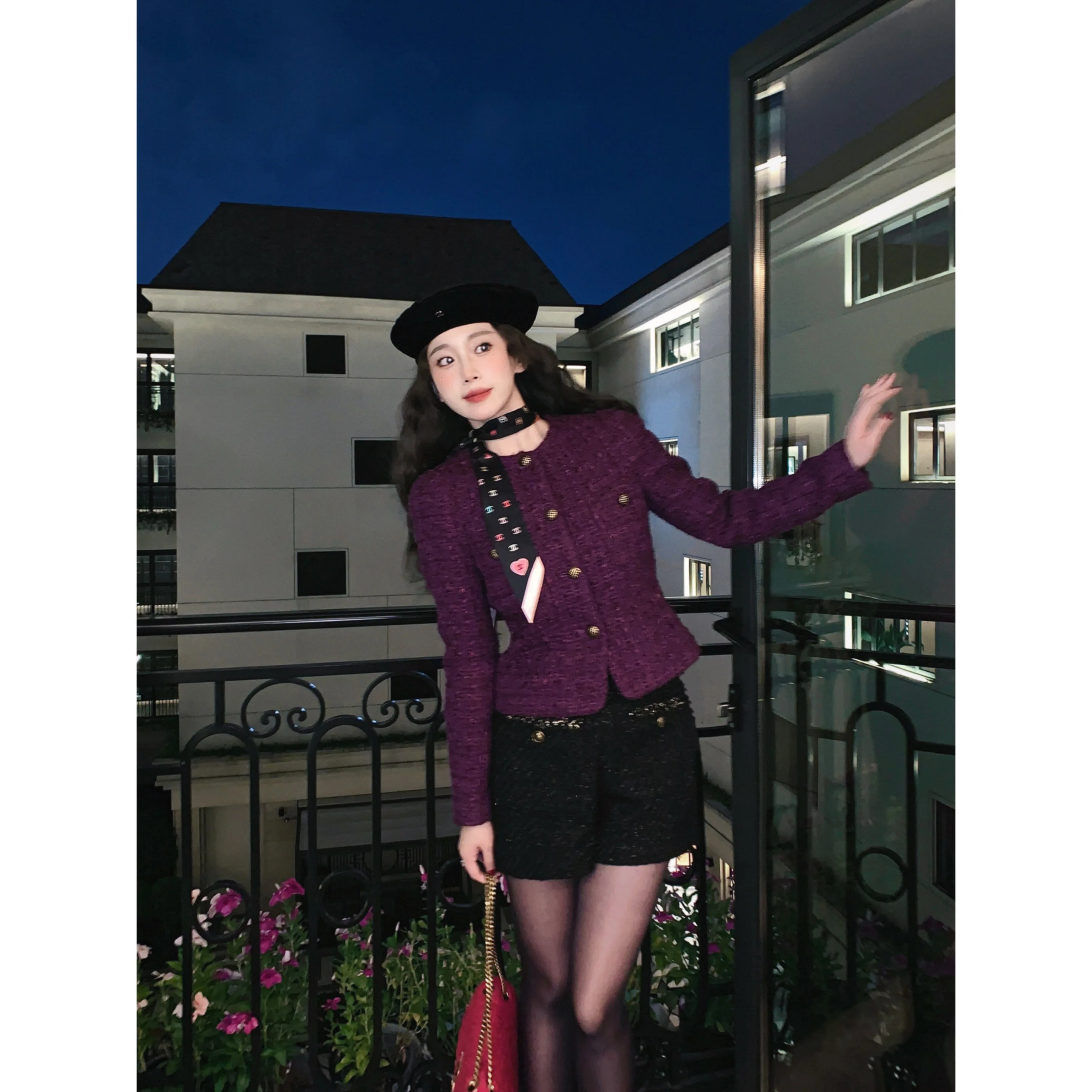 

Женское пальто Ele Night Purple Tweed Jaet из смесовой ткани (полиэстер и шерсть) премиум-качества, винтажный стиль, с длинными рукавами и круглым вырезом горловины