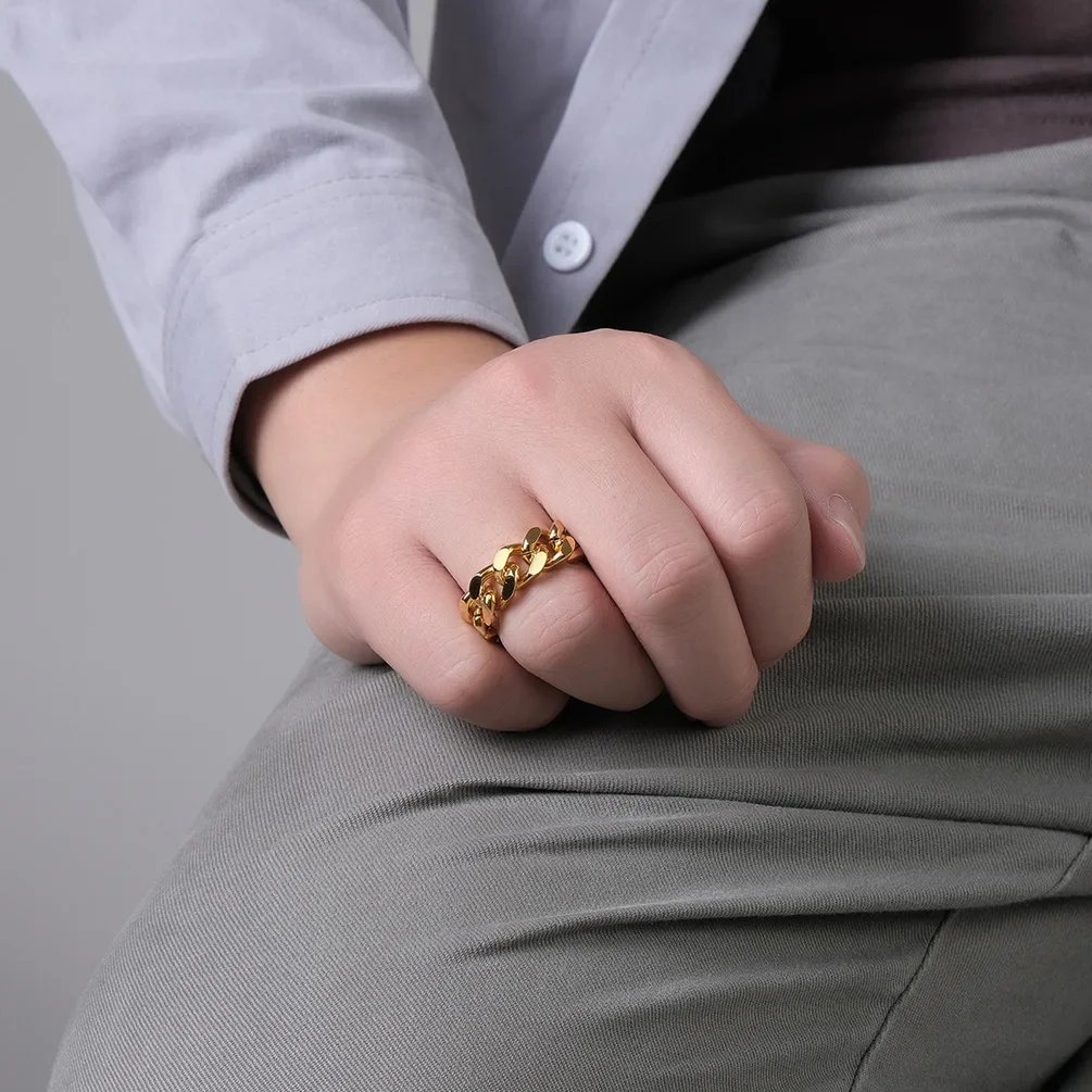 Men Rings Chain Link Design Stainless Steel Black Gold Silver Color Fashion Jewelry wholesale Large US size 6 7 8 9 10 11 12 13