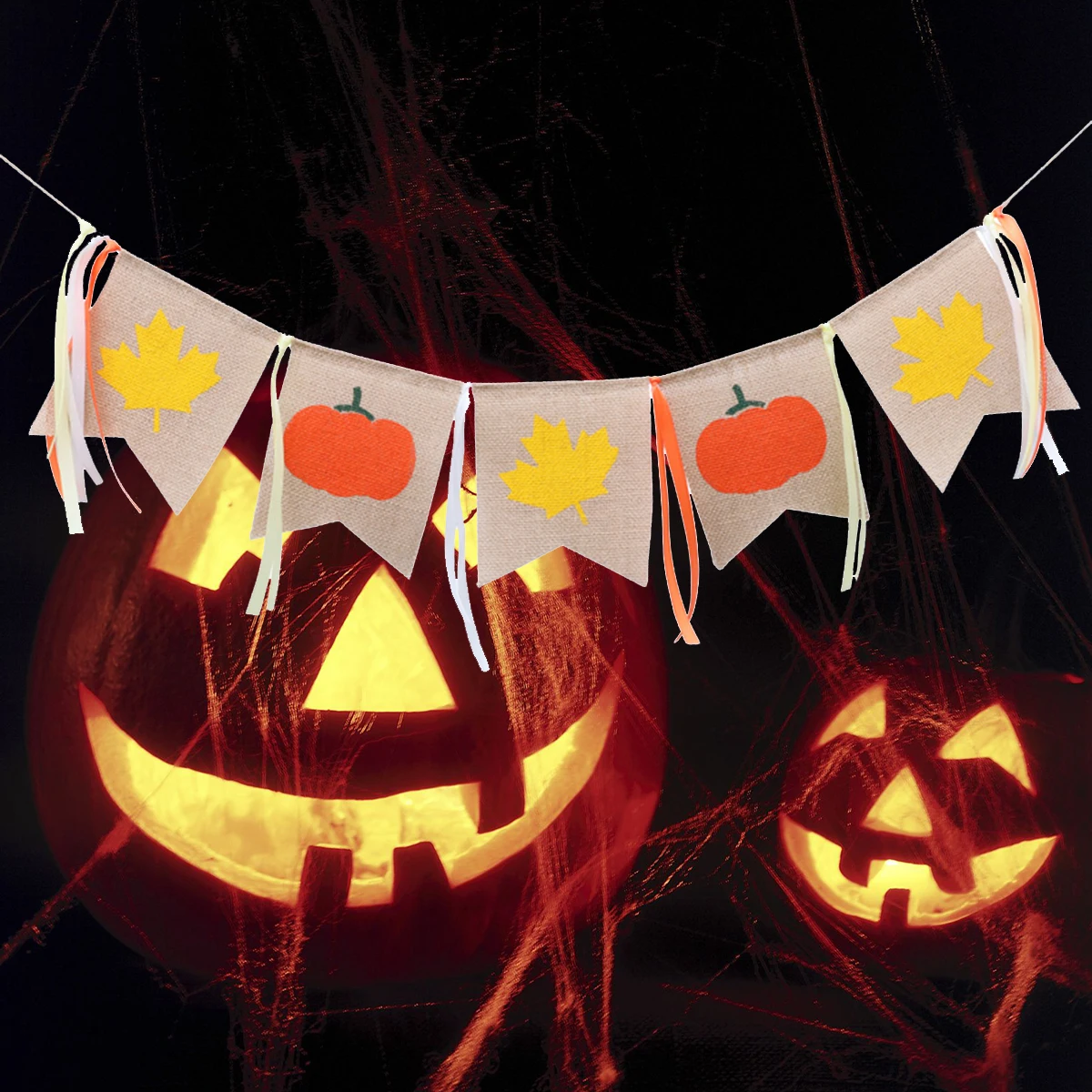 

2 M Halloween Burlap Banner Prop Linen Party Supplies Pumpkin Pull Flag Maple Leaf