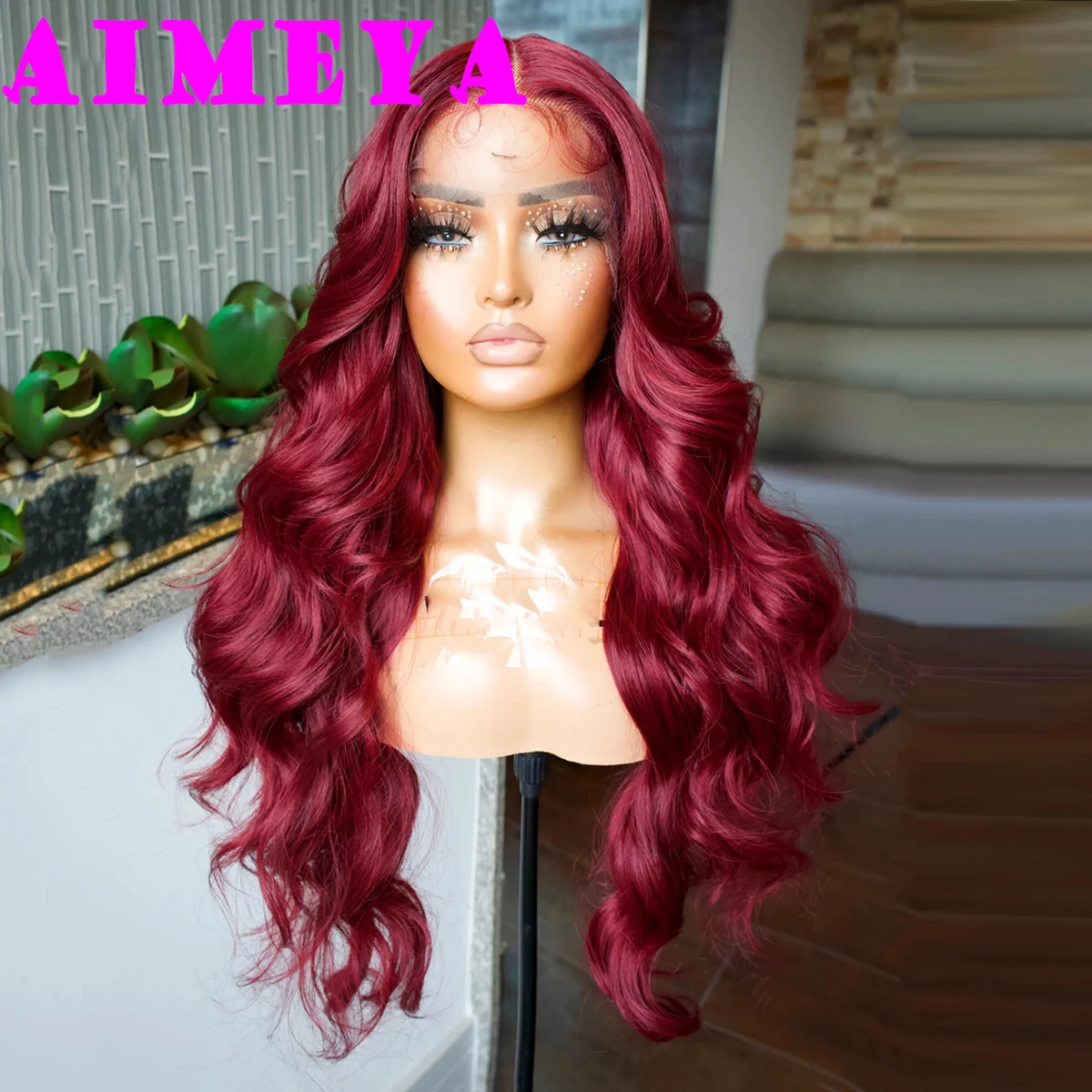 AIMEYA Wine Red Lace Front Wig Synthetic Long Body Wave Burgundy Wig Natural Hairline Daily Use Cosplay Wigs Heat Resistant