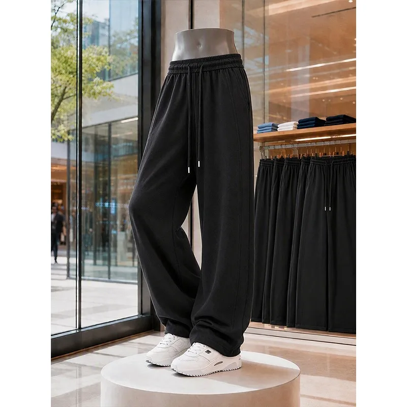 OIQERE 2026 Autumn New Mens Heavy Cotton Spliced Curved Cut Pants Loose Streetwear Casual Long Trousers For Male