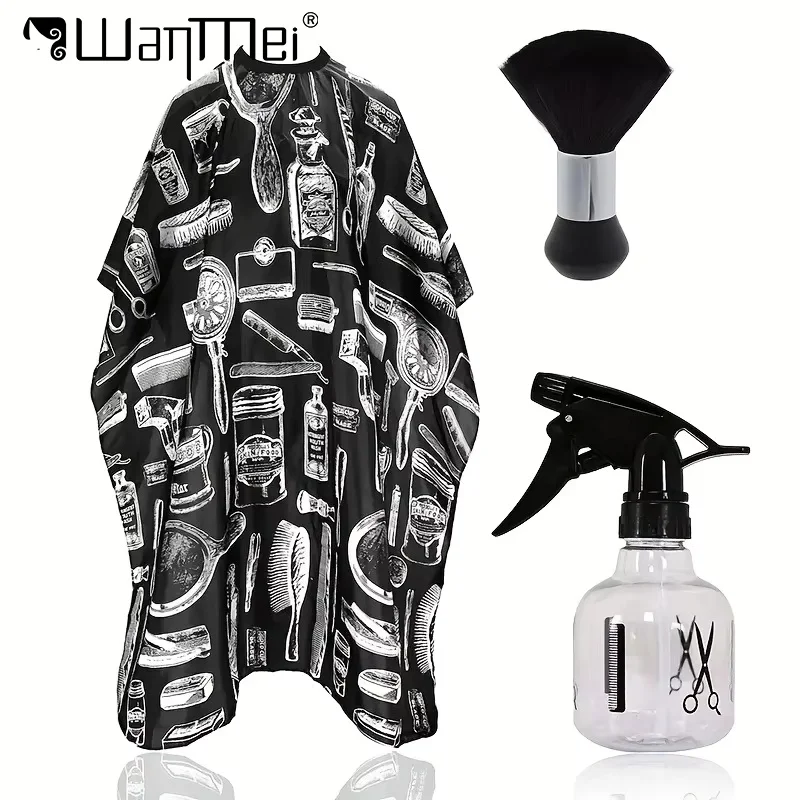 3pcs Professional Haircut Set Barber Cape Neck Duster Brush Polyester Apron with Spray Bottle Haircut Styling Accessories