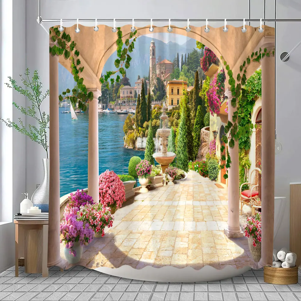 Outdoor Garden Landscape Shower Curtain Lapa Old Town Coastal Landscape Mediterranean Landscape Shower Curtains Bathroom Decor