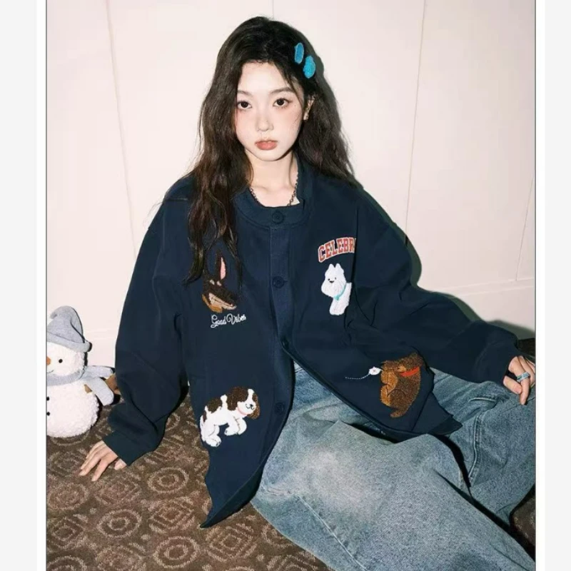 

Новая модная женская толстовка-кардиган свободного кроя с вышивкой в виде собачьего полотенца, трендовый дизайн, весна 2026