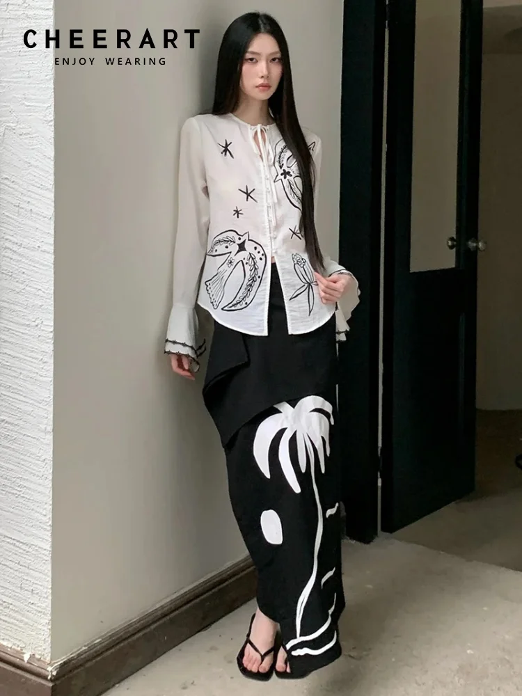 CHEERART Coconut Tree Print Black Long Skirts For Women Designer A Line High Waist Cute Midi Skirt Fall Clothes