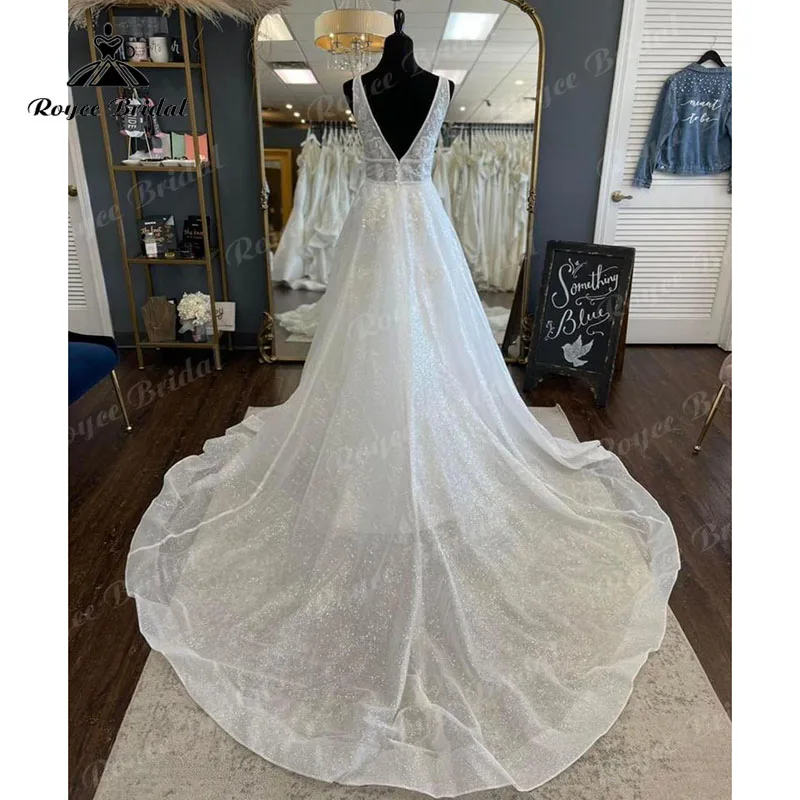 Elegante abito da sposa senza maniche con Glitter lucido scollo a V con scollo a V basso abiti da sposa vestido De casamento 2022