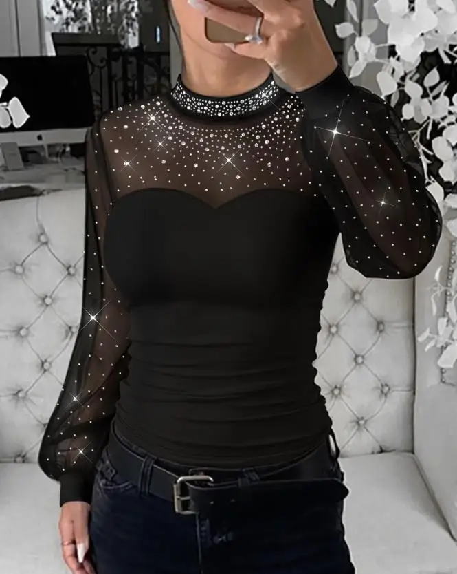 

Autumn and Winter Sexy Women's Top Rhinestone Decor Mock Neck Lantern Sleeve Sheer Mesh Spliced Tee Hollow-Out Back Slim Fit Top