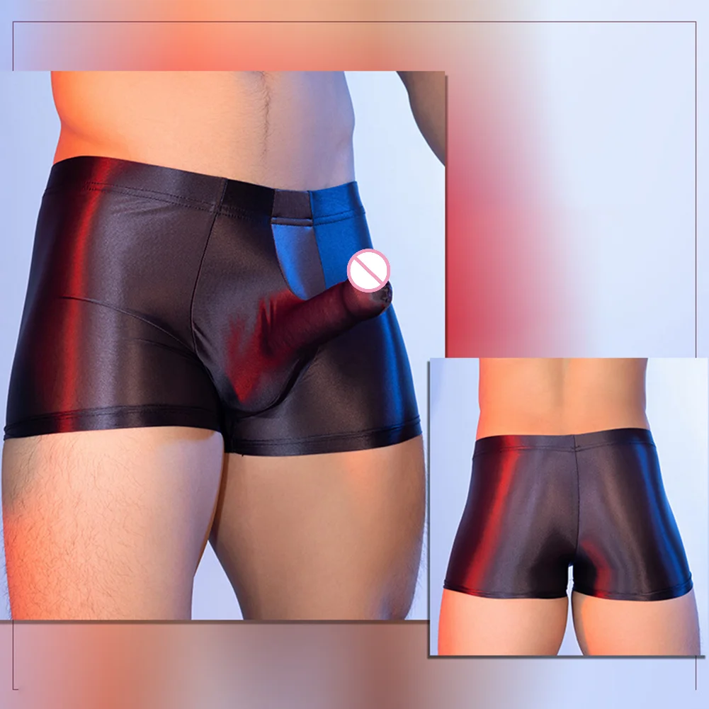 Men Sexy Elephant Nose Boxer Shorts Oil Glossy Trunks Sheer Stretchy Underwear Ice Silk Tight Flat Boxers JJ Sleeve Erotic Linge