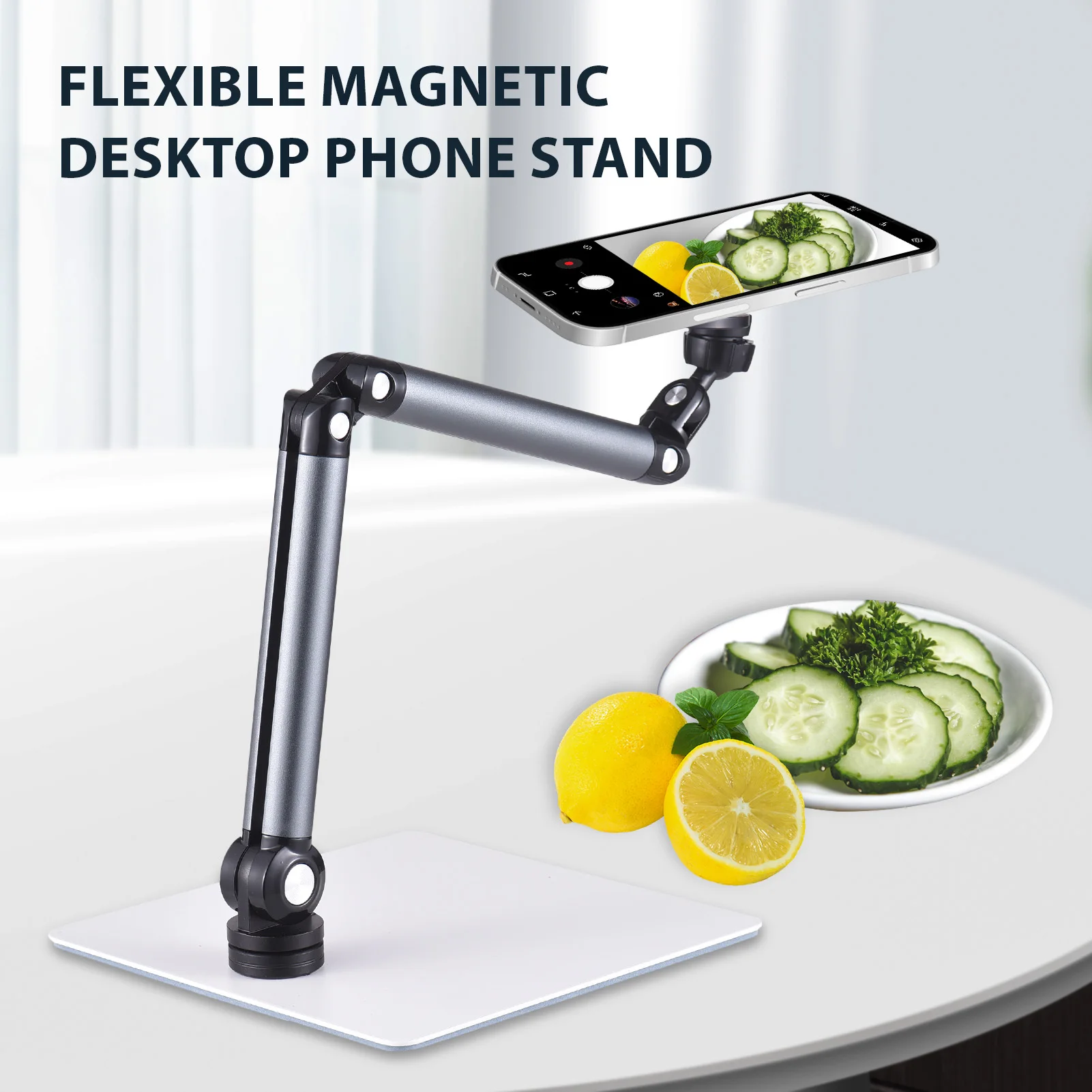 デスクトップフォンスタンド（360度回転機能付き）-°-回転式マグネット式スマホホルダー-フレキシブルアーム-大型ベース-アルミ合金製-スマホスタンド