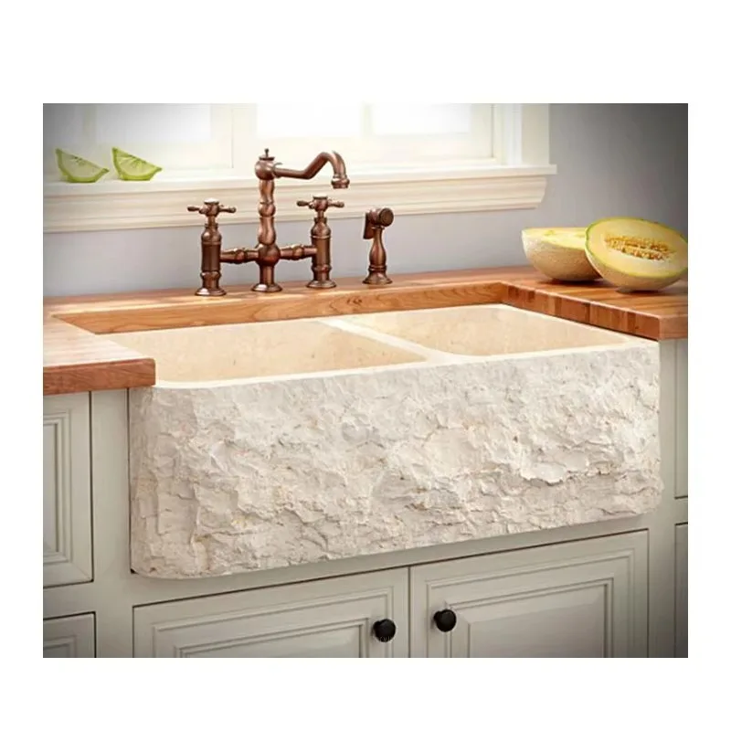 

32inch Beige Marble Undermount Kitchen Sink White Marble Vegetable Washing Bowl Lavatory Sinks Rectangular Double Basin