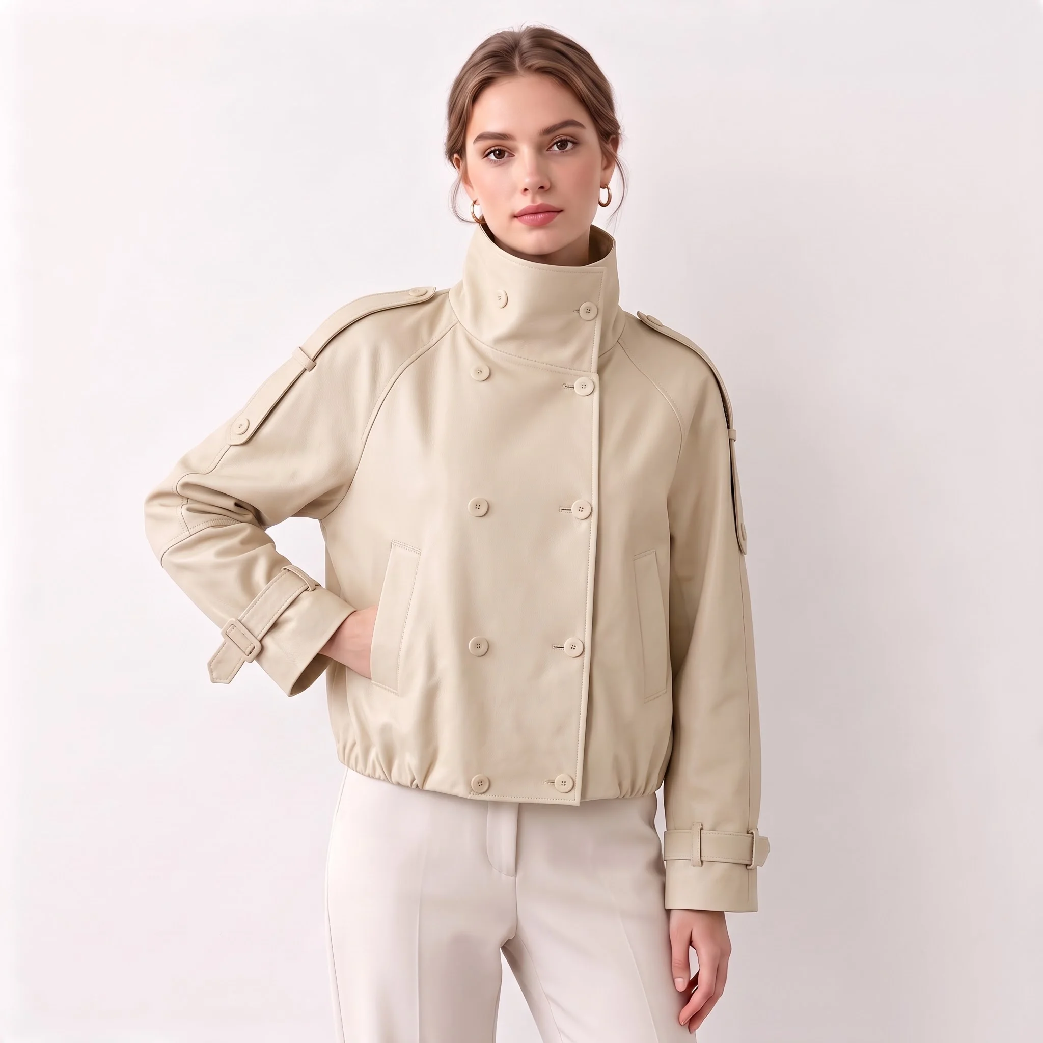 1PUAL Women High Stand Collar Cropped Jacket, Double Breasted Elastic Hem Coat With Epaulets Cuff Strap