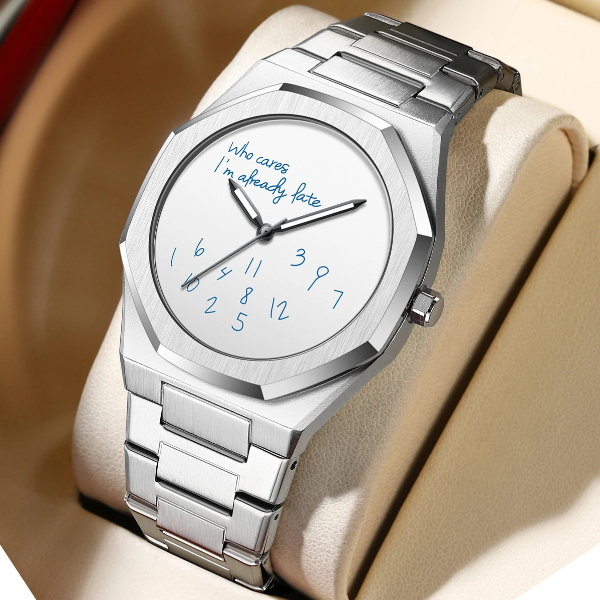 

Fashionable men's imitation stainless steel watch with minimalist octagonal bezel, humorous dial - waterproof business formal an