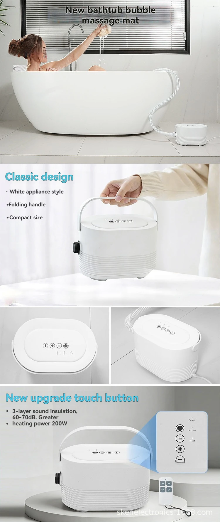 Heating Bathtub SPA Bubble Massage Pad, Wireless Remote Hydrotherapy Bath Bubble Machine for Home Bathroom