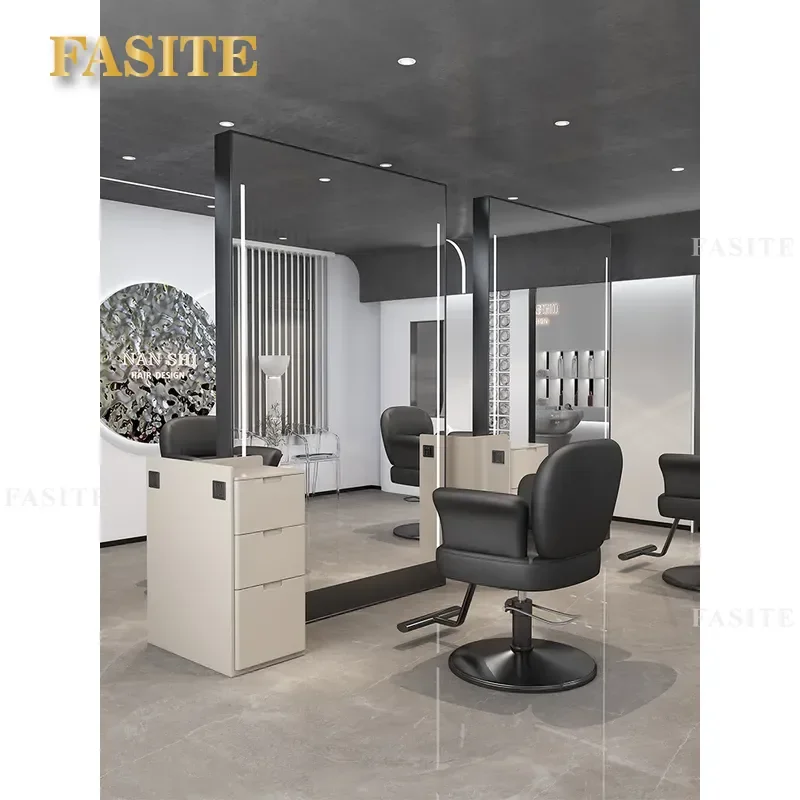 For Hair Double Sided Mirror Table with Cabinet Stainless Steel Full Body Floor Standing Barber Shop Furniture Storage