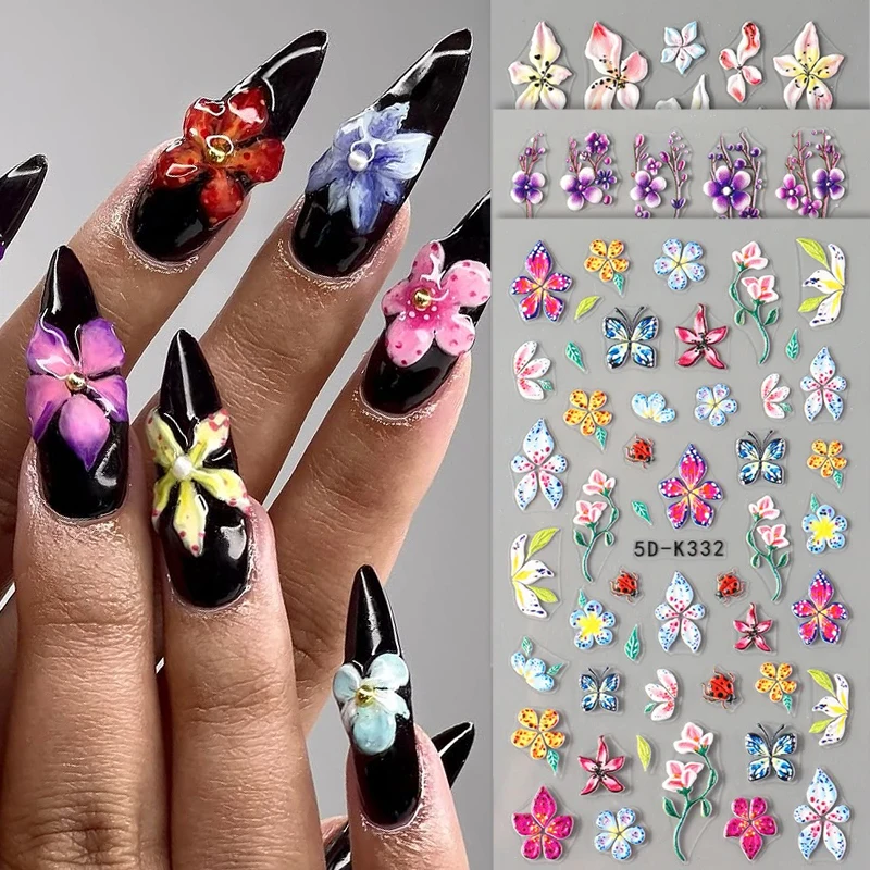 5D Embossed Orchid Sticker Fairy Nail Decals Jelly Nail Art Decorations Acrylic Adhesive Gel Sliders Manicure Accessories