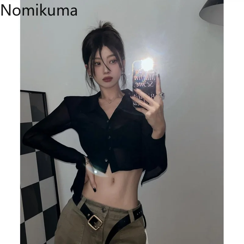 Nomikuma Blusas Mujer De Moda 2022 Flare Sleeve Hollow Out High Waist Gauze Chic Blouses Vintage Elegant Sexy Camisas E Blusas