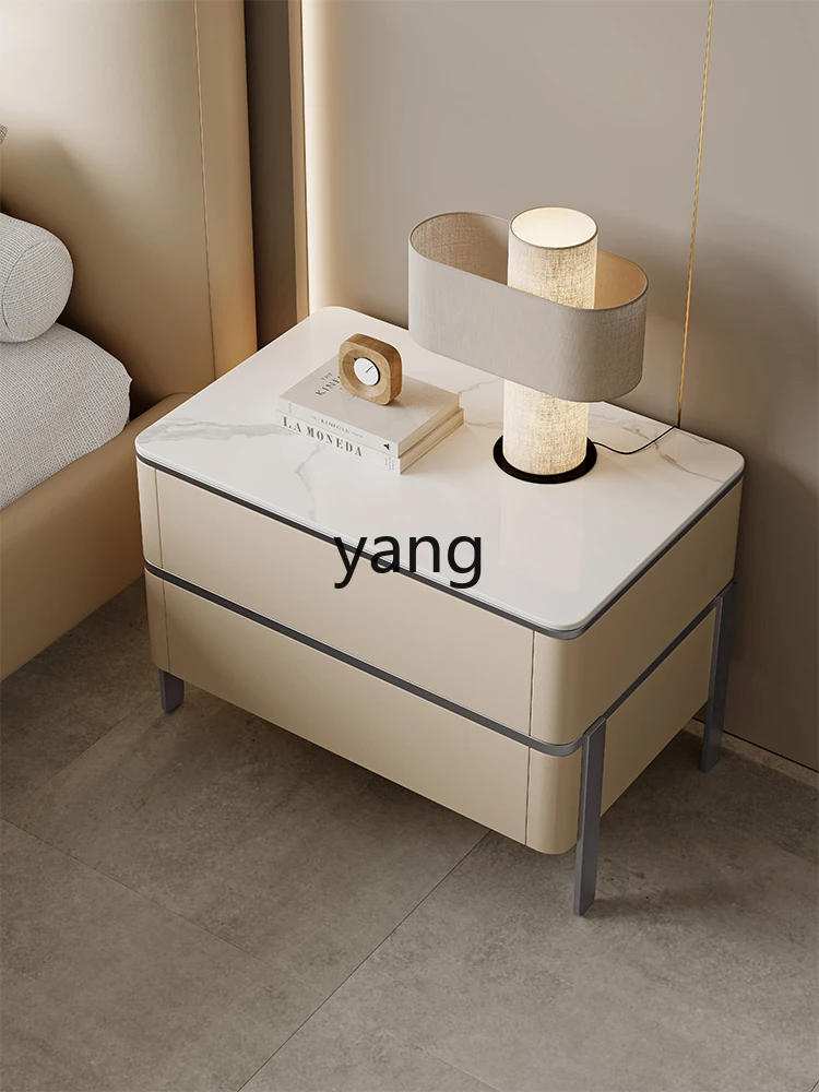 Yjq Minimalist Cream Style Light Luxury Bedside Table Solid Wood Stone Plate Locker Modern Minimalist Bedside Cabinet