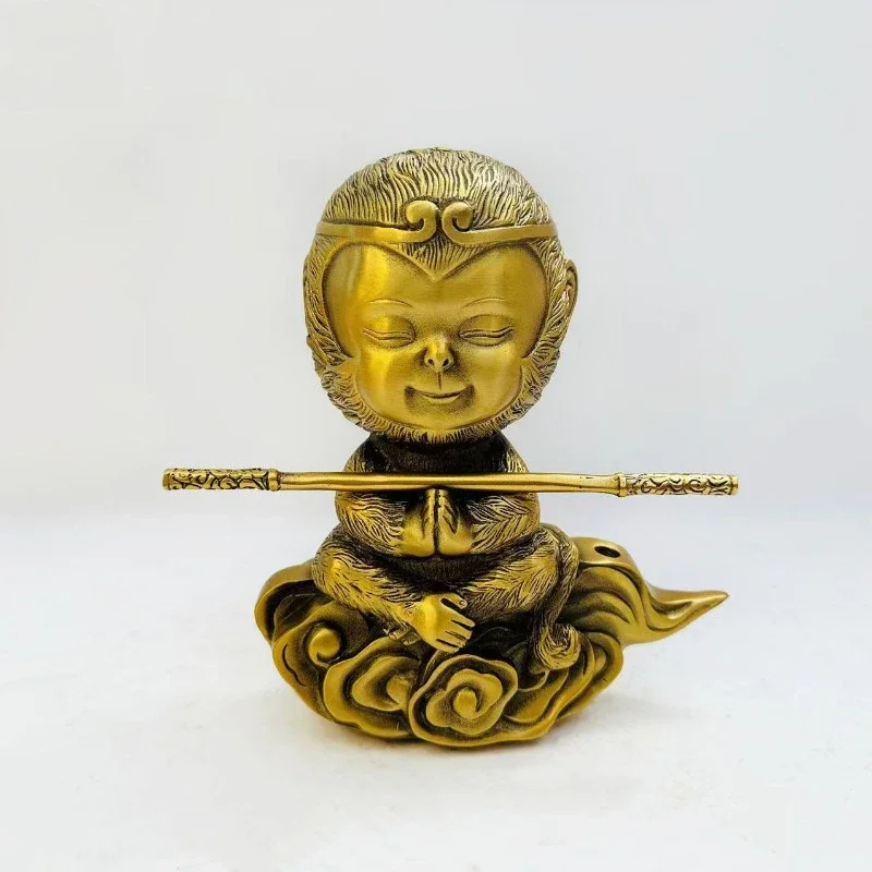 

8"Tibetan Temple Old Bronze Brass Cartoon Sun Wukong auspicious clouds Ruyi Gold Hoop Monkey King Gather fortune ornament