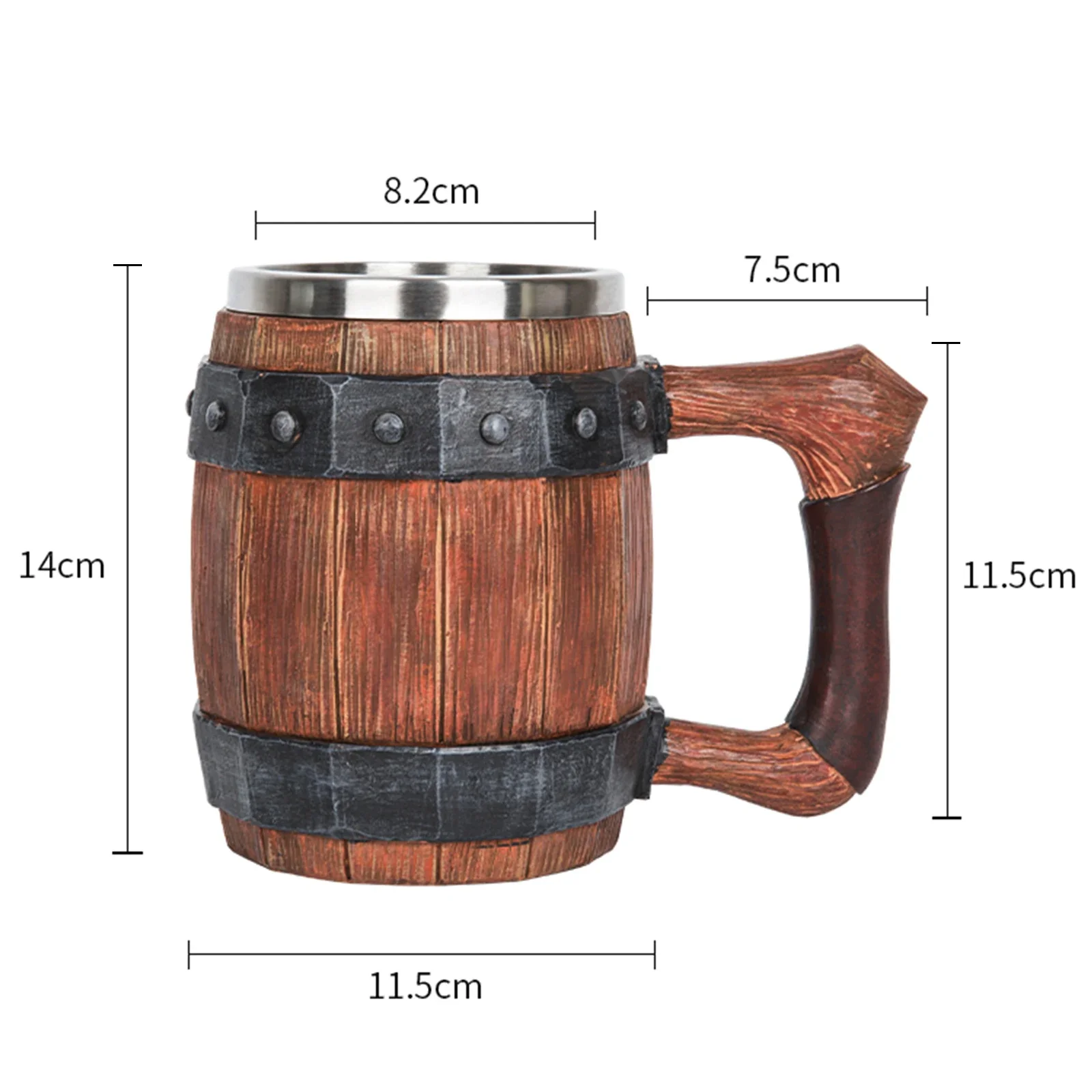 Wood Barrel Beer Mug with Rivet Leather Viking Style Resin Stainless Steel Tankard Coffee Wine Cup Christmas Men's Gift