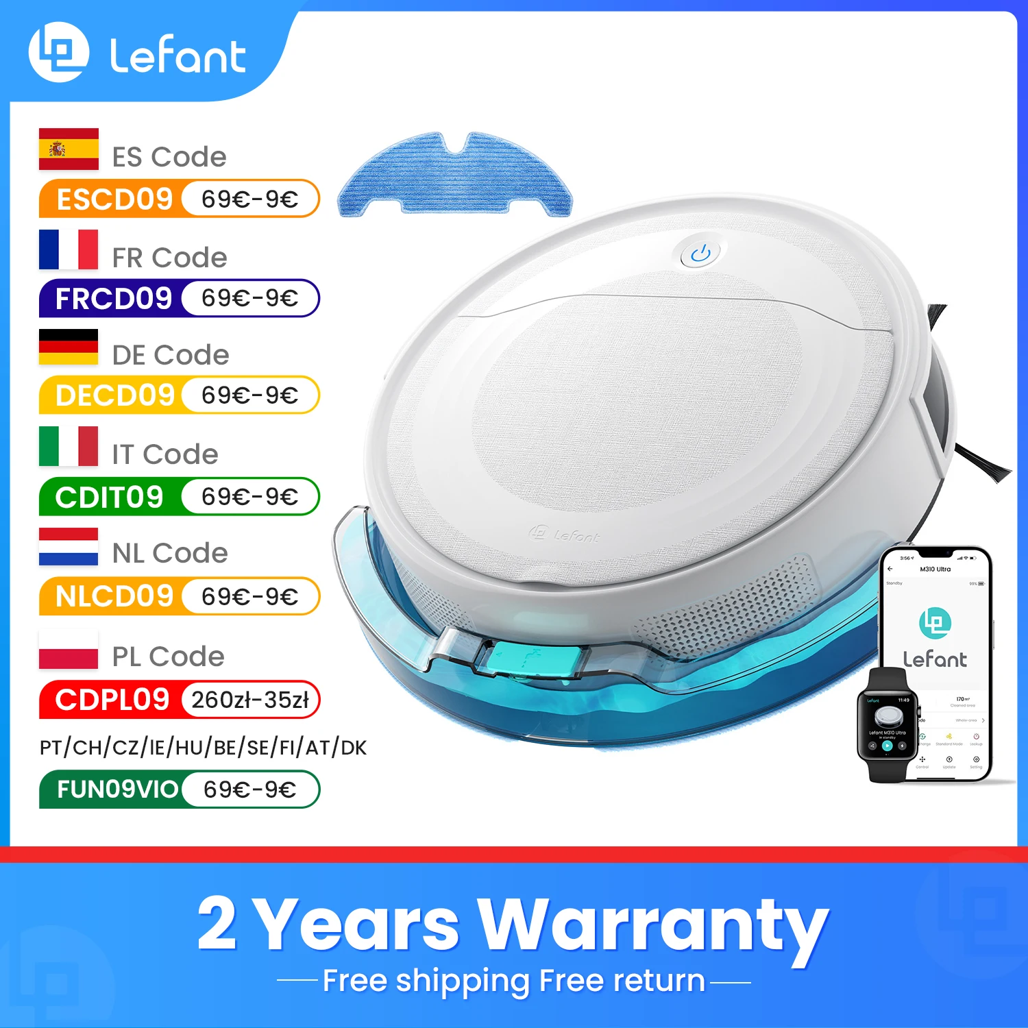 LEFANT M310 UltraAspirateur robot et balai à franges, puissance d'aspiration de 6000 Pa, navigation ToF avec capteur PSD à 190°, autonomie de 170 min, compatible avec l'application/Alexa, idéal pour