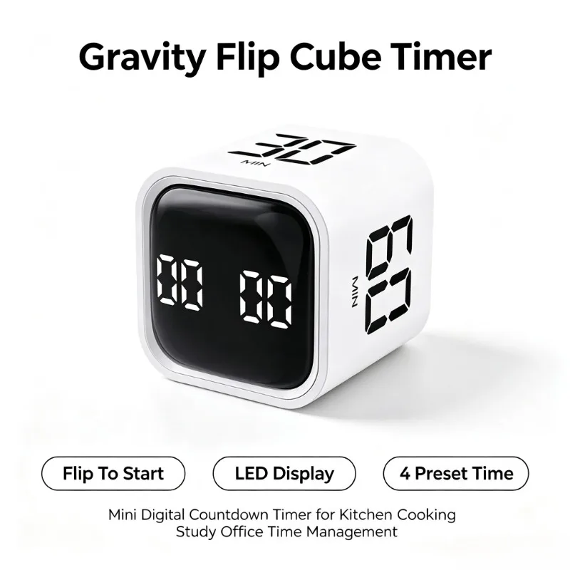 Portable Gravity Flip Cube Timer LED Digital Countdown Timer 4 Preset Time for Kitchen Cooking Study Time Management