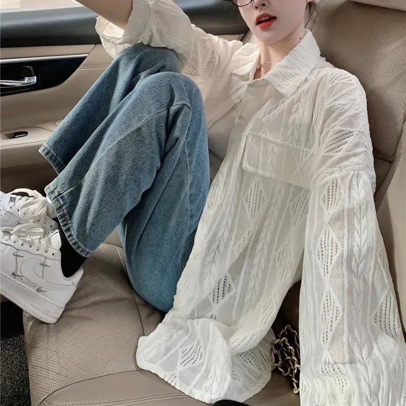 Women Fashion Hollow Out Solid Thin Shirt Spring Summer Long Sleeve Turn-down Collar All-match White Button Open Stitch Tops