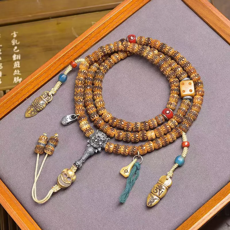 Tibetan Style Reclaimed Yak Bone 108 Prayer Beads Glass Adui Cloud Accessories