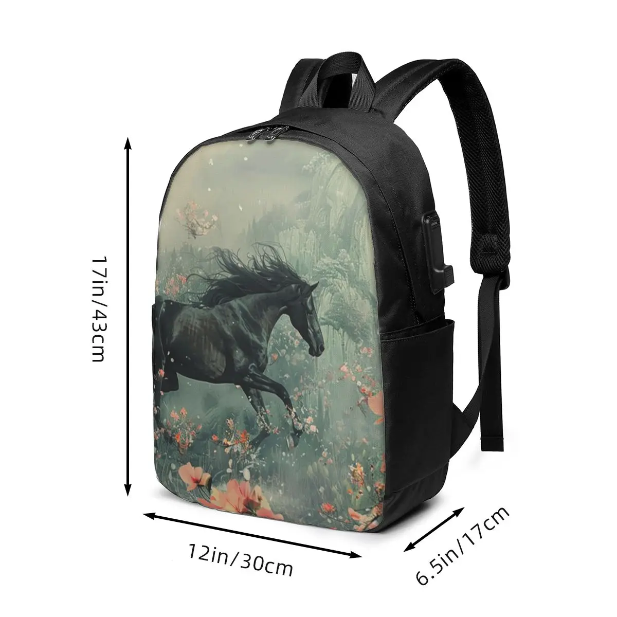 Vintage Horse Running Among Green Flowers Backpack Travel Notebook Bag Computer College Student School Bag Laptop Shoulder Bags